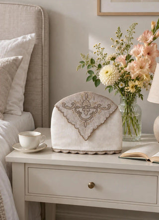 The Rumi tea cosy in Cream, view-bedside styled beside dahlias and gladioli on a nightstand.