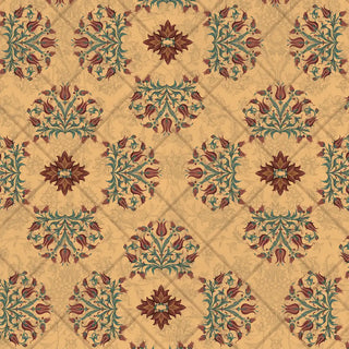 A close-up detail shot highlighting the tulip flower bouquets, diamond lattice grid, and aged gold plaster texture on the Rumi wallpaper.