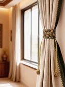 Rustic Flora dark green tieback with hand-painted orange wildflowers on cream linen