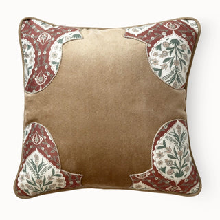 Full front view of the Rustic Frame Cushion Cover showing the tan velvet and four printed floral panels.