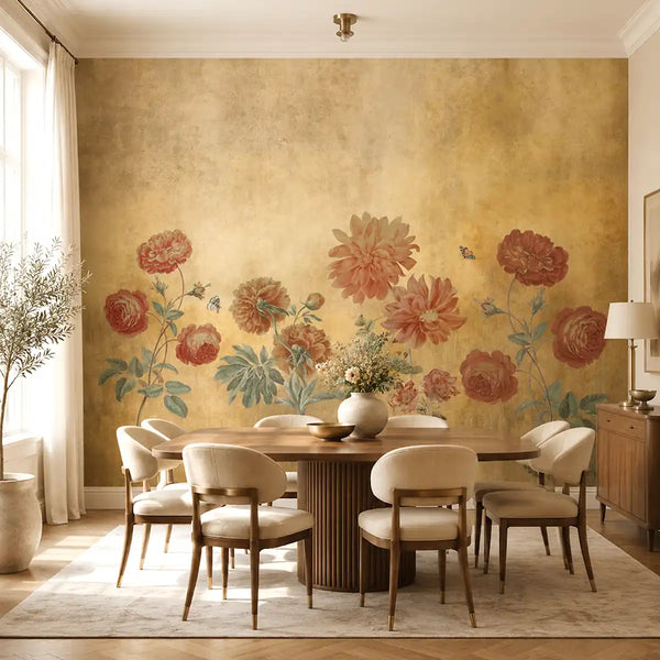 The Dusky Charm customized golden yellow mural providing an elegant backdrop in a formal dining room setup.