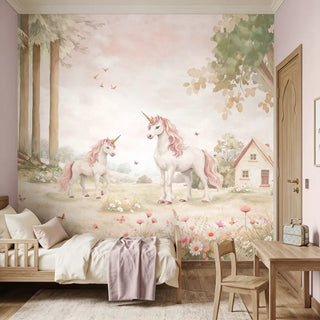 A sophisticated kids' bedroom featuring the Horn of Wonders mural behind a wooden bed with neutral blush linens.