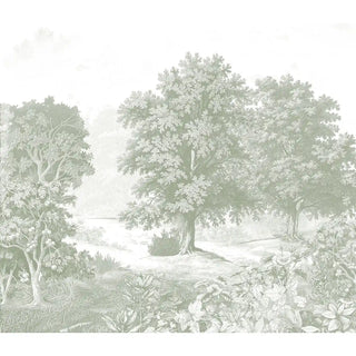 A full-view landscape of the Saanjh sage green mural featuring a hand-painted forest with detailed trees and foliage.