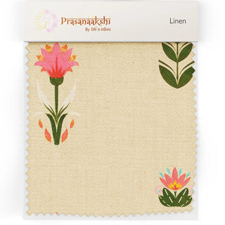 Fabric swatch of Saanjh Upholstery Fabric showing beige base with small pink and green floral motifs.