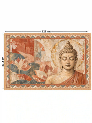 Sacred Stillness landscape wall art in Terracotta & Slate, a Buddha with a gold halo beside abstract lotus forms, marked with its 121 cm by 81.2 cm dimensions.