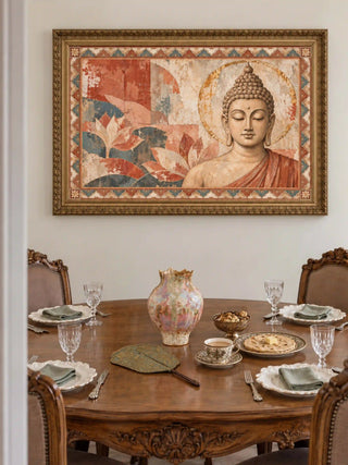 Sacred Stillness landscape wall art in an ornate gold frame above a round carved wooden dining table set with crystal glasses, cream plates and sage napkins.
