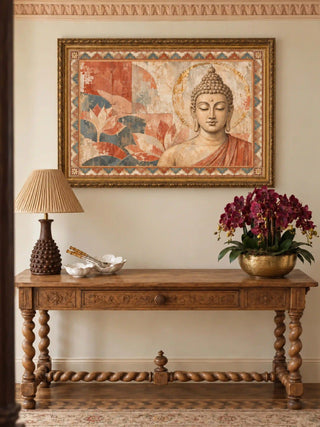 Sacred Stillness landscape wall art in a gold frame above a carved wooden console table with a pleated-shade lamp and a brass bowl of deep magenta orchids.