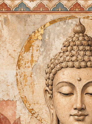 A detailed view of the Sacred Stillness wall art showing the Buddha's spiral curls and closed eyes, the flaking gold halo, the cracked plaster-look surface and the scalloped border.