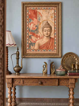 Sacred Stillness wall art in a carved antique-gold frame above a carved wooden console table with a brass ewer, swan bookends and a lamp