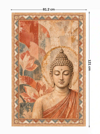Full pattern view of the Sacred Stillness wall art in terracotta, shown at 81.2 cm by 121 cm with a seated Buddha, gold halo and scalloped border