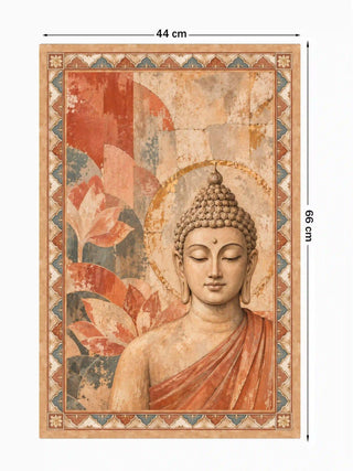 Full pattern view of the Sacred Stillness wall art in terracotta, shown at 44 cm by 66 cm with a seated Buddha, gold halo and scalloped border