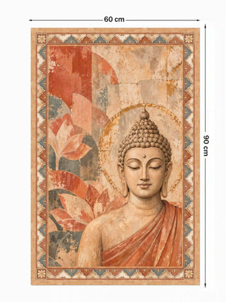 Full pattern view of the Sacred Stillness wall art in terracotta, shown at 60 cm by 90 cm with a seated Buddha, gold halo and scalloped border