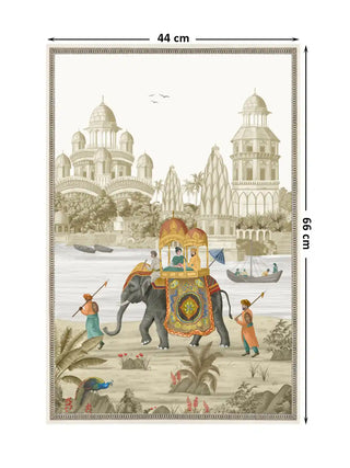 Full view of the Safar embroidered wall art showing an elephant with a canopied howdah beside a river and domed pavilions, at 66 cm by 44 cm.