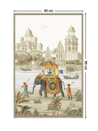 Full view of the Safar embroidered wall art showing an elephant with a canopied howdah beside a river and domed pavilions, at 90 cm by 60 cm.