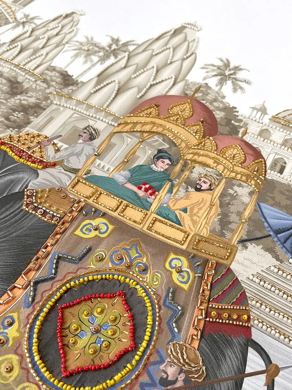 Close-up of Safar embroidered wall art showing beadwork and Zardozi metallic thread on the caparisoned royal elephant