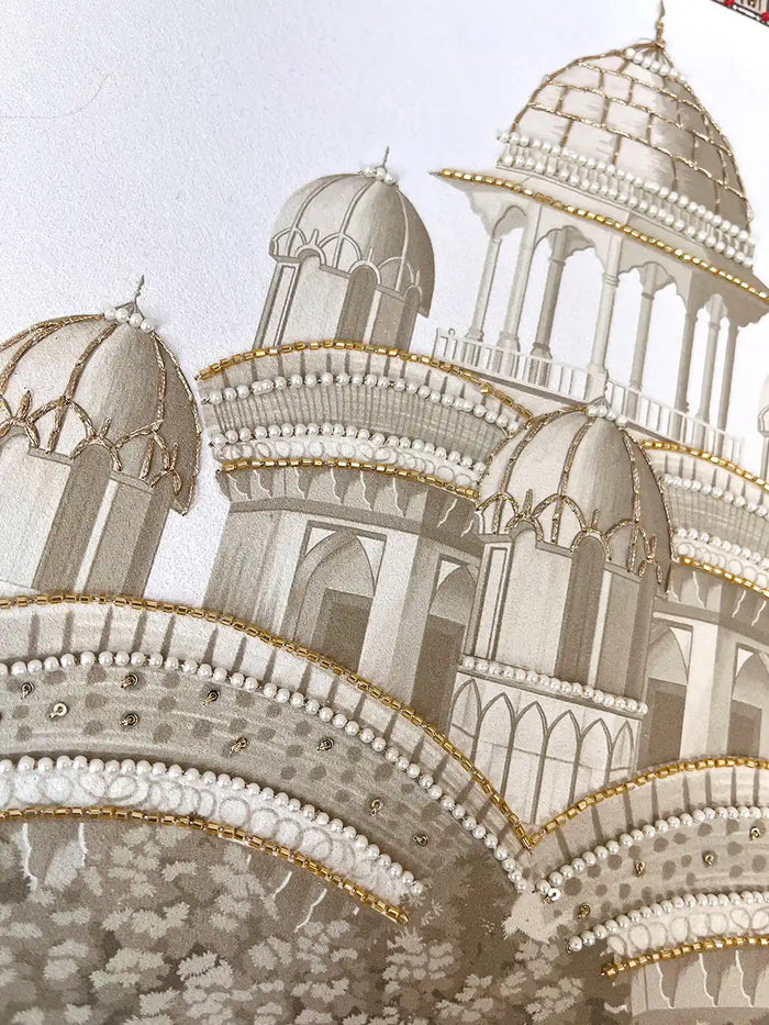 Detail of Safar embroidery showing raised metallic thread tracing the Mughal palace dome architecture