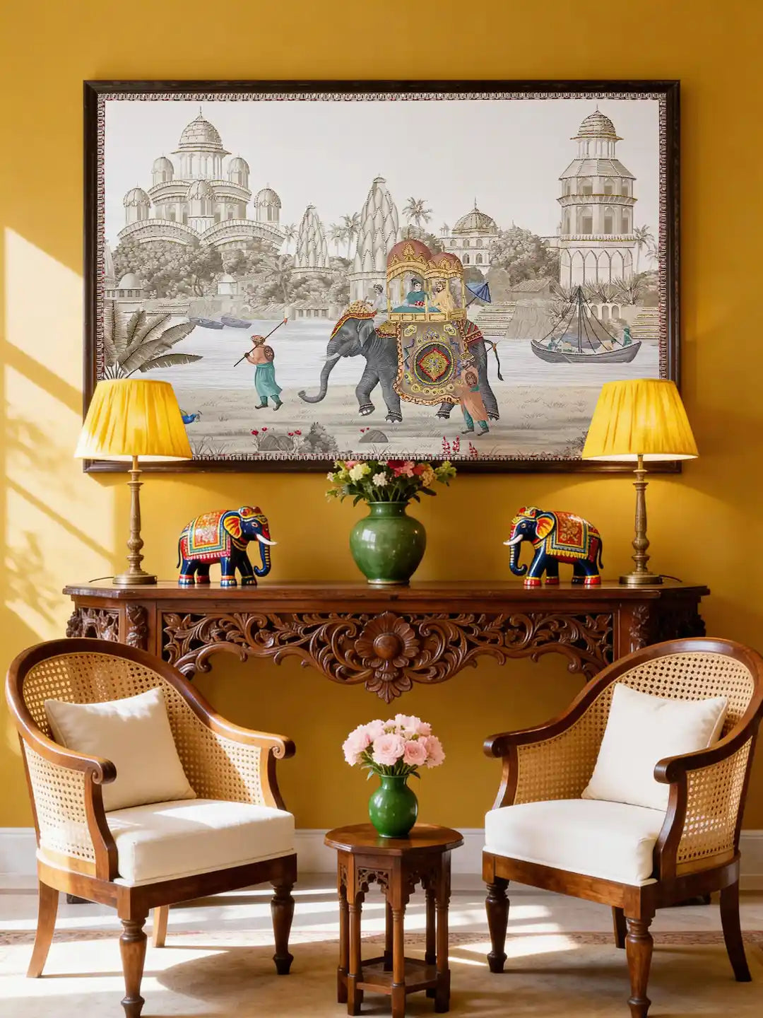 Safar embroidered wall art framed and hung above a hand-carved console in a mustard living room with rattan chairs