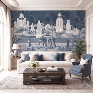 The Safar landscape mural styled as a focal backdrop in a formal living room with traditional blue accent furniture view-livingroom