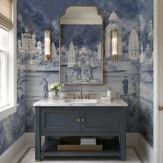 The Safar vintage Indian mural styled as a wrap-around feature wall in a luxury powder room with a marble vanity view-powderroom