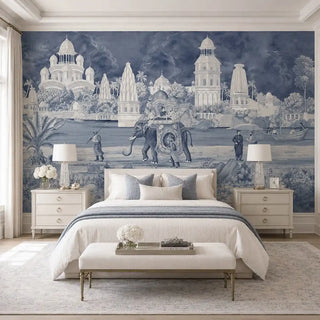 Safar vintage Indian scenic wallpaper styled as a grand statement wall in a palatial master bedroom suite view-bedroom