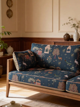 A luxury wooden sofa and cushions upholstered in Sair Blue midnight-blue heritage fabric featuring royal elephants and pavilions.