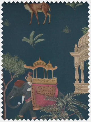 High-resolution fabric swatch of Sair Blue showing a royal elephant with a red howdah and a spotted deer on a midnight background.