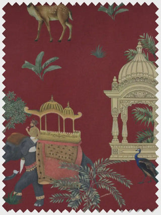 High-resolution fabric swatch of Sair Red showing a royal elephant, a palace pavilion, and a peacock on a red background.