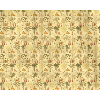 A full repeat-pattern view of the Sangam Radha Krishna customized wallpaper on a vintage golden yellow ground.