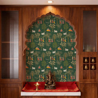 A luxury pooja room featuring Sangam wallpaper with hand-painted Radha Krishna narratives on a rich emerald green background view-poojaroom