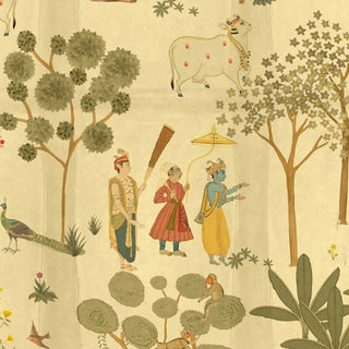 A high-resolution close-up of Lord Krishna, attendants, a holy cow, and a peacock in the Sangam wallpaper.