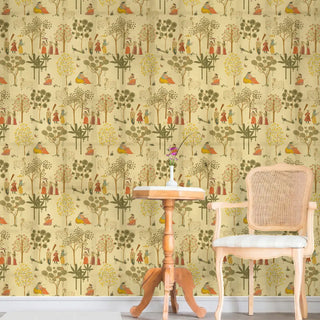 The Sangam Radha Krishna heritage wallpaper styled in a living area next to a classic wooden console and cane chair.