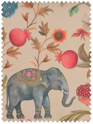 A high-resolution swatch of Sanjhi fabric featuring a hand-painted elephant and pomegranates on a vintage cream ground.