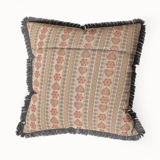 A back view of the Sarangi Fringes cushion cover, showing its full square shape and the detailed patterned stripes.