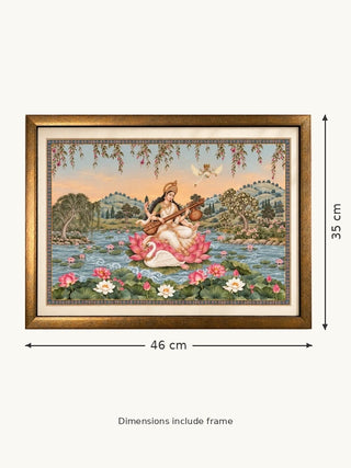 Size guide for Saraswati Maa framed wall art: 35 cm high and 46 cm wide including frame