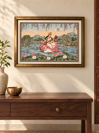 Saraswati Maa framed wall art hung in an entryway