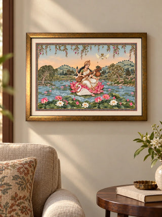 Saraswati Maa framed wall art on a living room wall