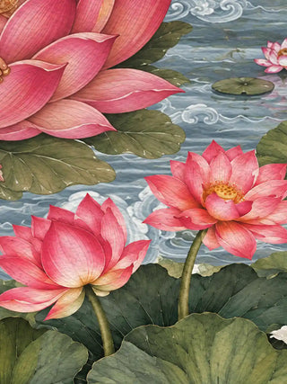 A detailed close-up of the Saraswati Maa wall art showing pink lotus blooms and pads floating on the pond.