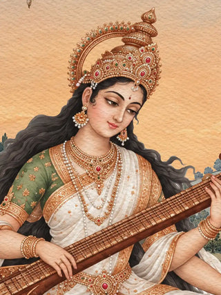 A detailed close-up of the Saraswati Maa wall art highlighting her crowned face, jewellery and the veena she holds.