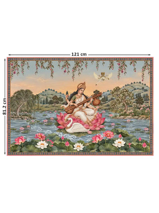 The Saraswati Maa wall art, large size 81.2 by 121 centimetres, showing Saraswati seated on a lotus playing the veena beside a swan, amid a lotus pond and pastoral landscape.