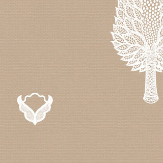 A detailed close-up highlighting the intricate ivory cypress tree and bud motif on the textured beige Sargam wallpaper.