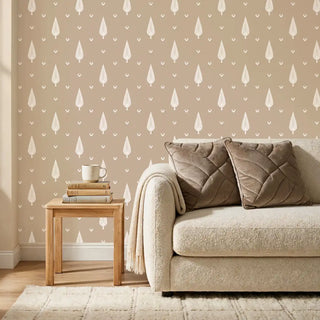 A sophisticated living room styling showing the Sargam wallpaper paired with a cream sofa and brown velvet cushions.