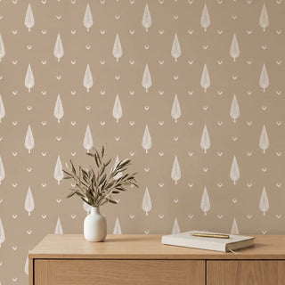A serene study setting featuring the Sargam wallpaper behind a modern oak desk with neutral books and a white vase.