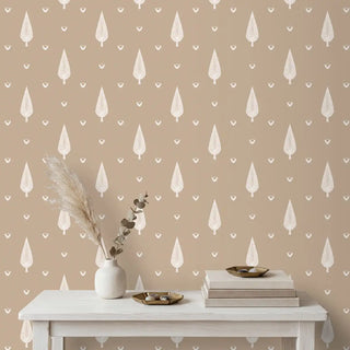 A luxury entryway setting featuring the Sargam wallpaper behind a white wooden console table with minimalist decor.