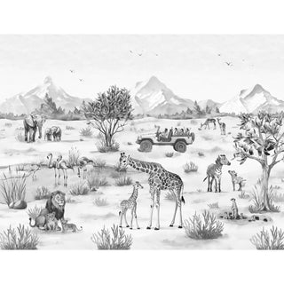 The full panoramic layout of the Savanna Jungle Black & White mural featuring all safari animals and scenery.