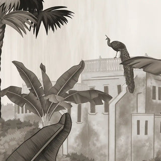 A high-resolution close-up detail of the perched peacock, colonial villa balustrade, and banana leaves in the Sayonee wallpaper.
