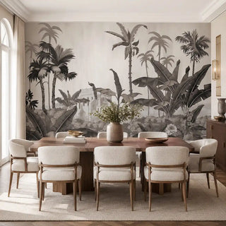The Sayonee monochromatic scenic wallpaper providing an elegant, high-contrast backdrop in a formal dining room setting view-diningroom