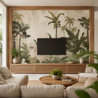 The Sayonee mural styled as a sophisticated feature wall in a living room behind a terracotta sofa. view-tvpanel
