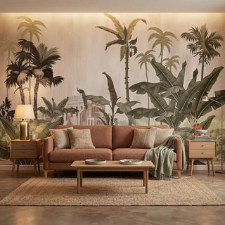The Sayonee mural styled as a sophisticated feature wall in a living room behind a terracotta sofa.