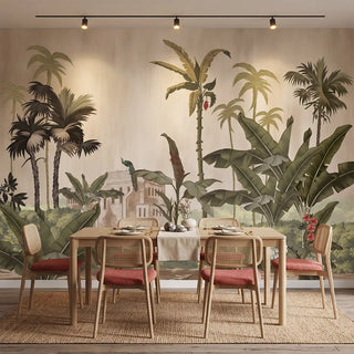 A full panoramic view of the Sayonee mural styled in a dining room with a cane-back dining set.
