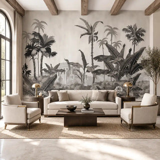 The Sayonee black and white botanical mural styled on a grand feature wall in a living room with rustic wooden ceiling beams view livingroom